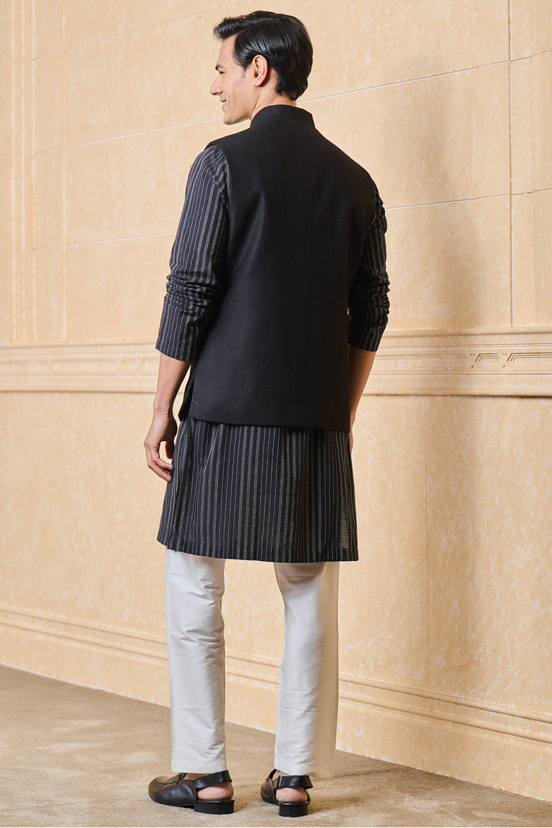 Black Striped Cotton Jacquard Kurta Set