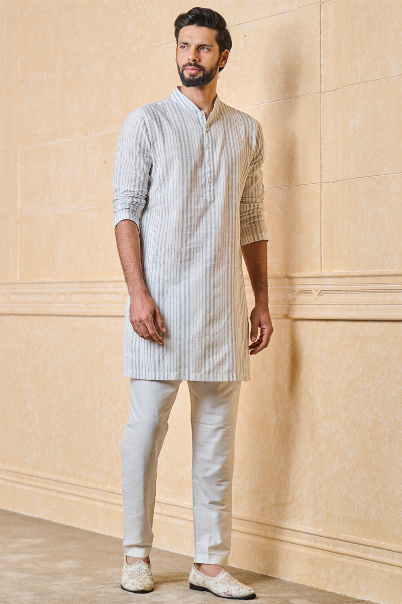 White Black Striped Cotton Jacquard Kurta Set