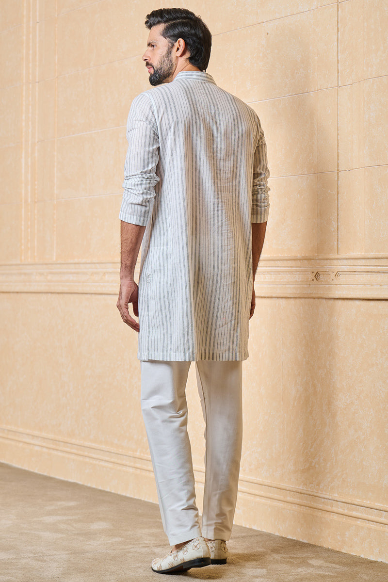 White Black Striped Cotton Jacquard Kurta Set