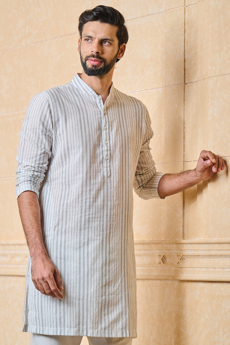 White Black Striped Cotton Jacquard Kurta Set