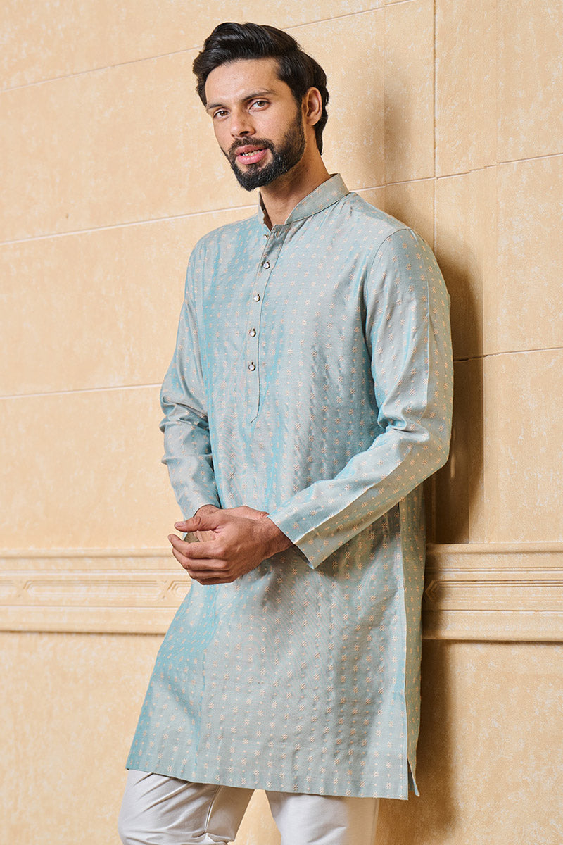 Aqua Jacquard Kurta Set