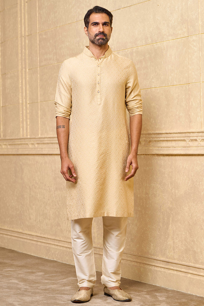 Beige Jacquard Kurta Set With Zari Top Stitch Detailing