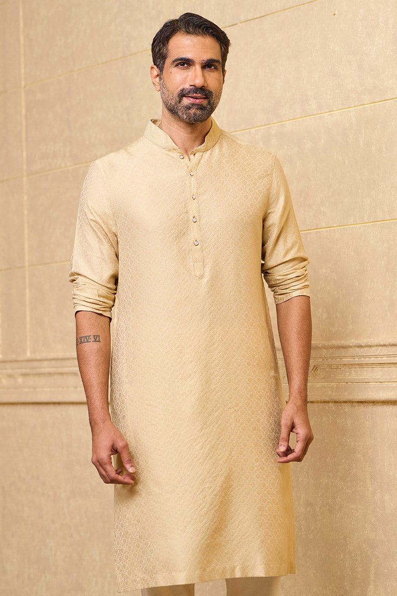 Beige Jacquard Kurta Set With Zari Top Stitch Detailing