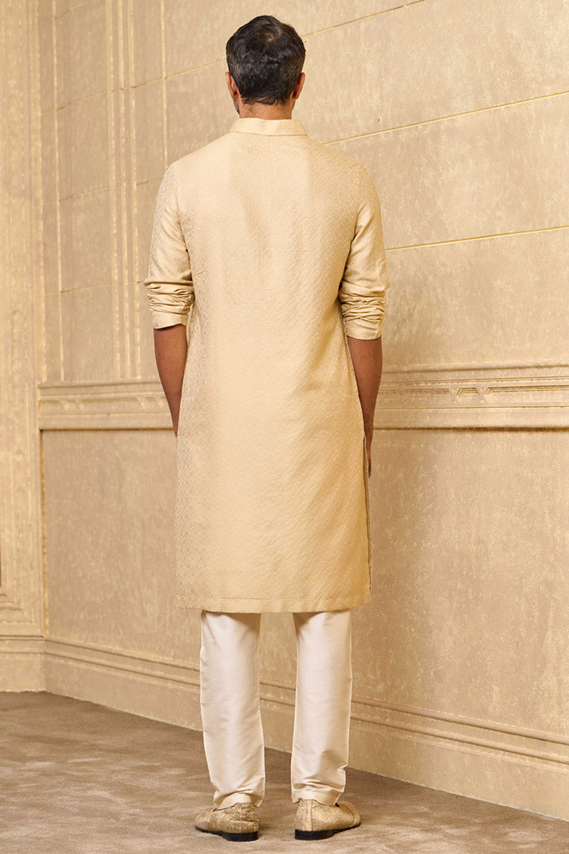 Beige Jacquard Kurta Set With Zari Top Stitch Detailing