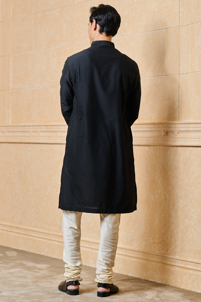 Black Kurta Set With Textured Front Yoke