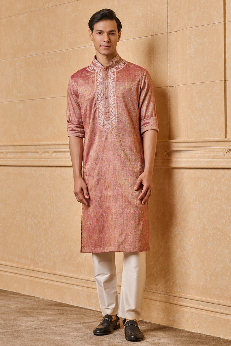 Peach Embroidered Jacquard Kurta Set