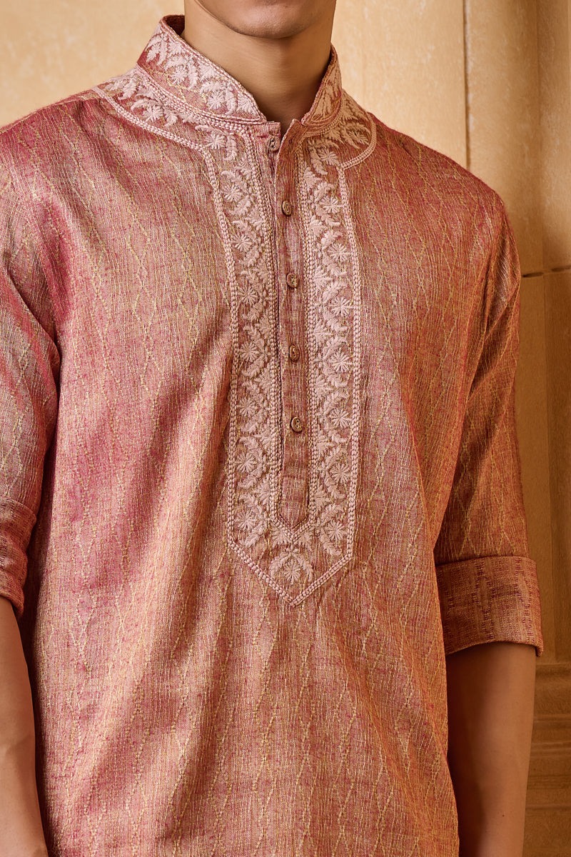 Peach Embroidered Jacquard Kurta Set