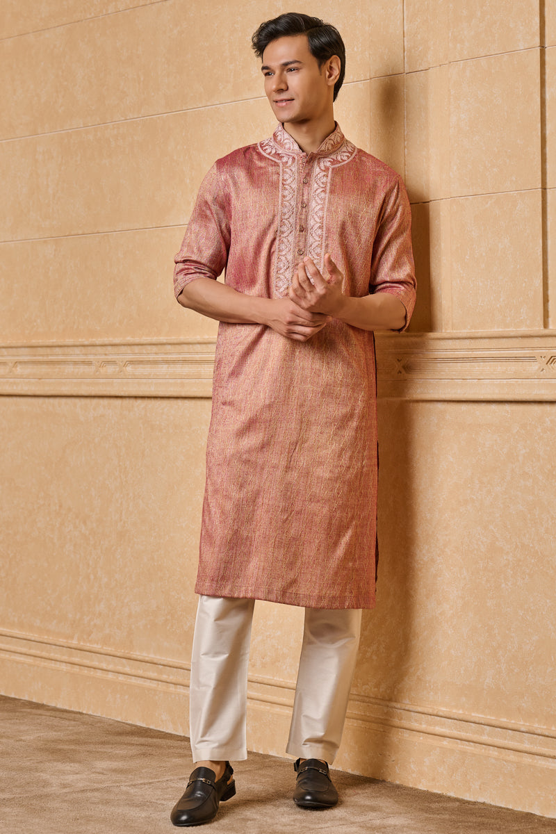 Peach Embroidered Jacquard Kurta Set