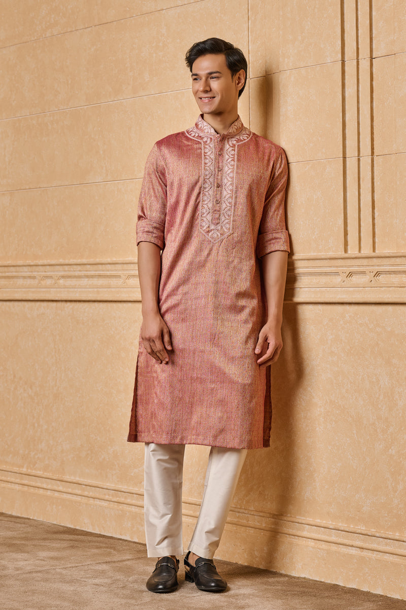 Peach Embroidered Jacquard Kurta Set