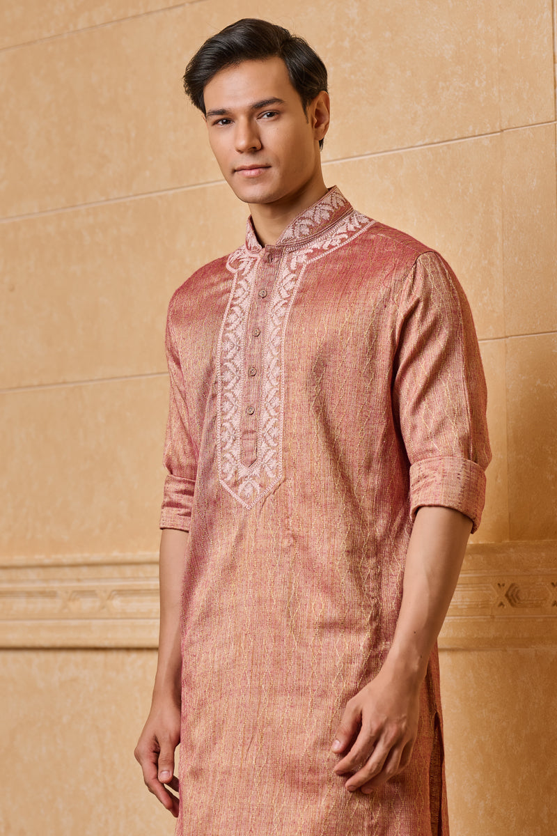 Peach Embroidered Jacquard Kurta Set