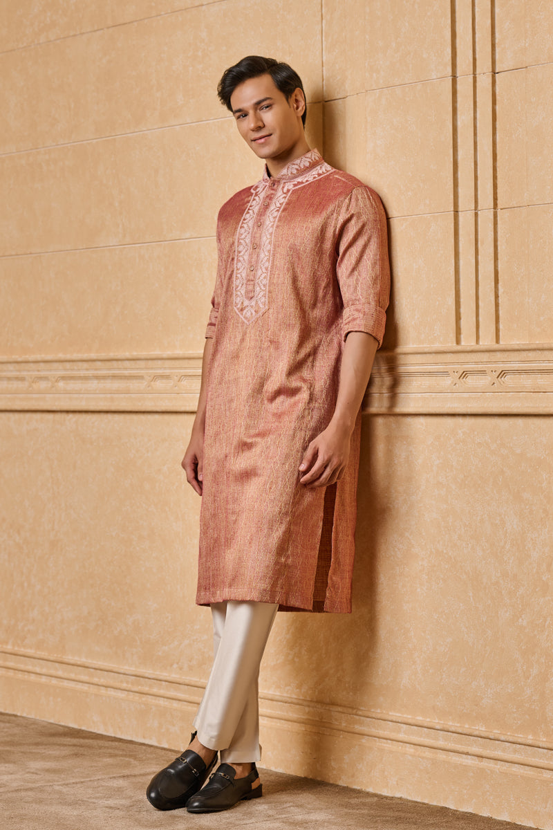 Peach Embroidered Jacquard Kurta Set