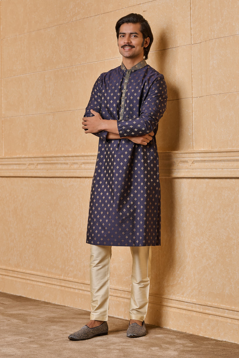 Navy Jacquard Kurta Set In Top Stitch Detailing