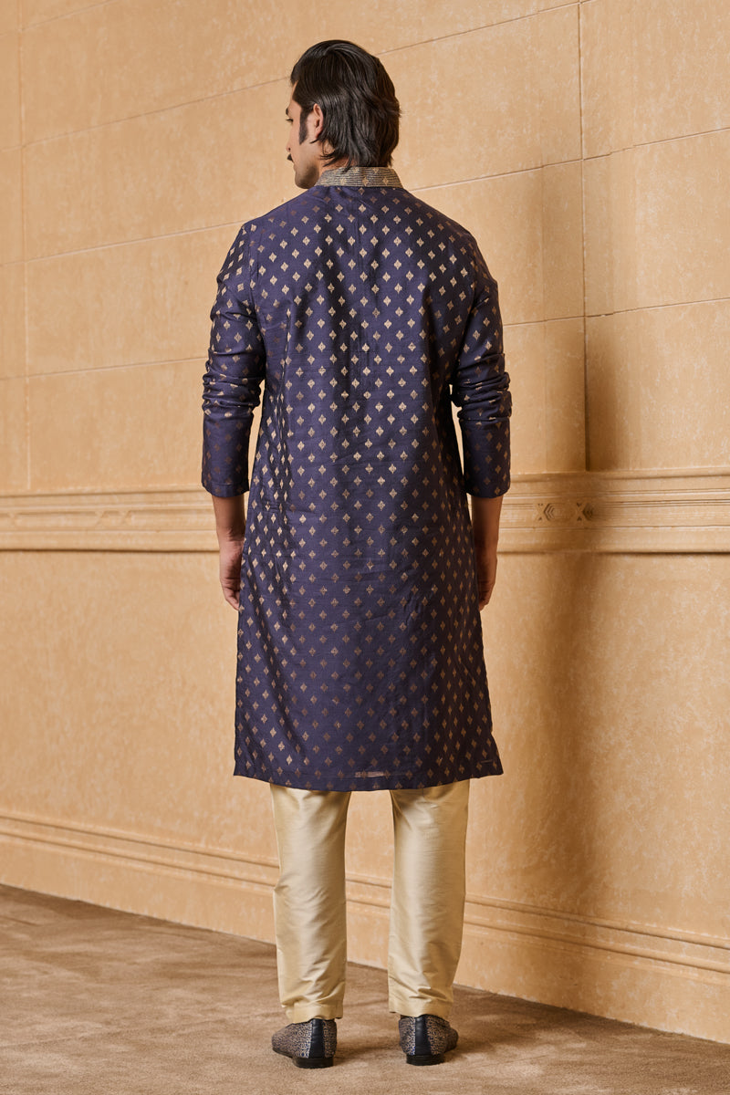 Navy Jacquard Kurta Set In Top Stitch Detailing