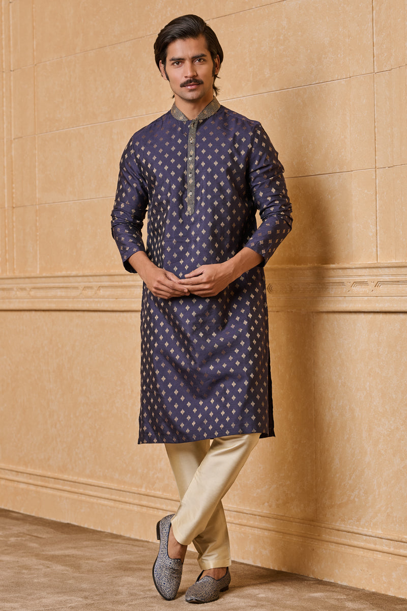 Navy Jacquard Kurta Set In Top Stitch Detailing