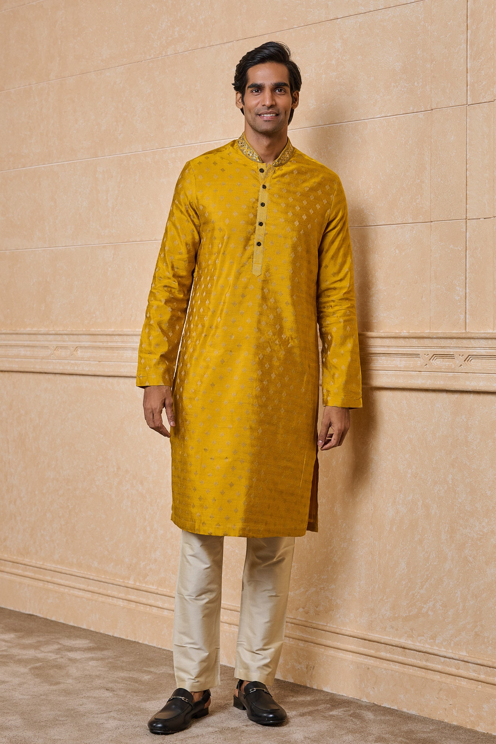 Yellow Ochre Kurta Set With Embroidered Collar