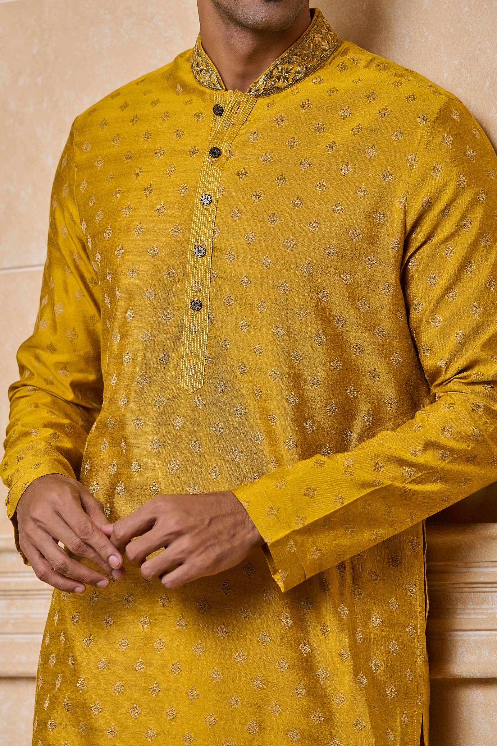 Yellow Ochre Kurta Set With Embroidered Collar