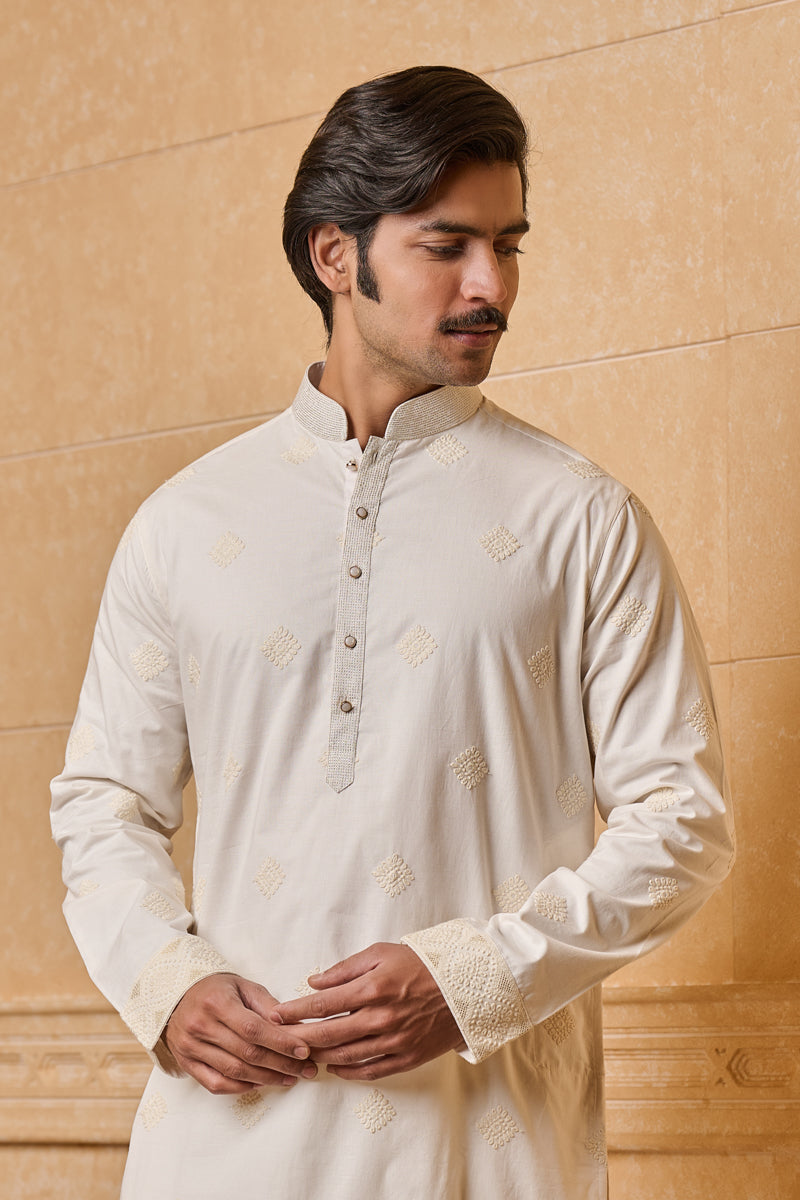 Ivory Cotton Embroidered Kurta Set