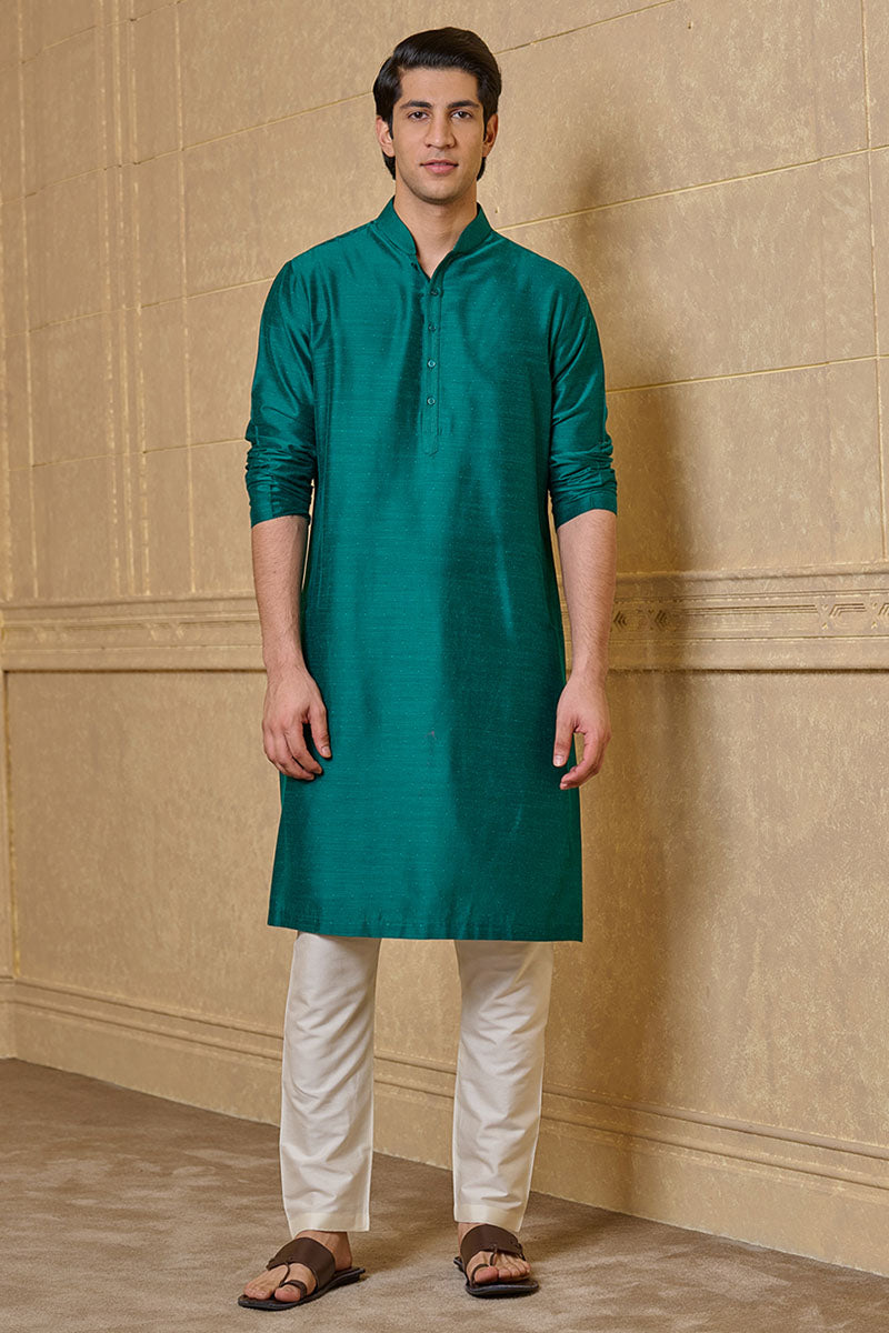 Green Zero Point Kurta Set With Top Stitch Detailing