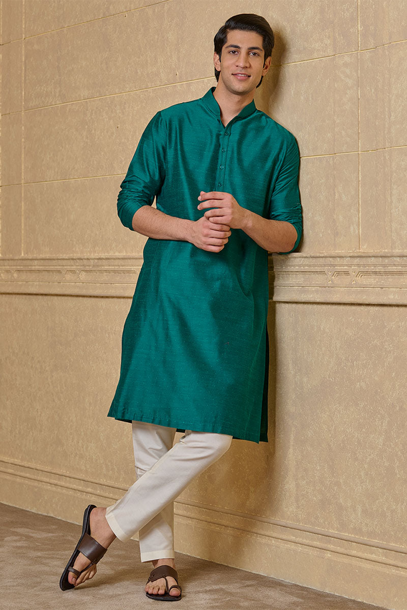 Green Zero Point Kurta Set With Top Stitch Detailing