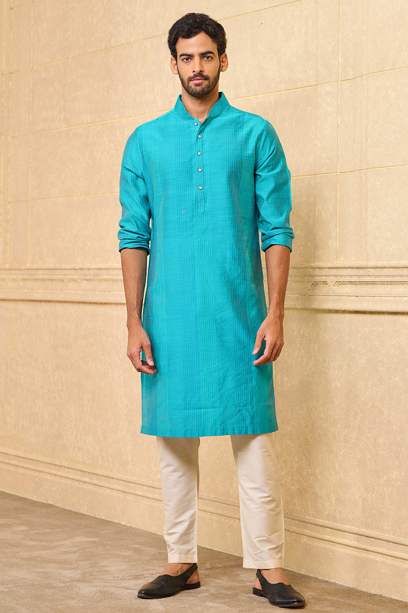 Aqua Zero Point Kurta Set With Top Stitch Detailing