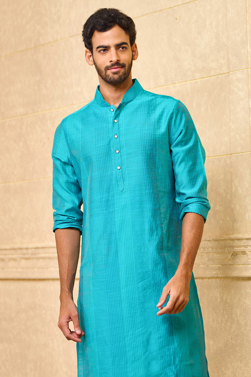 Aqua Zero Point Kurta Set With Top Stitch Detailing