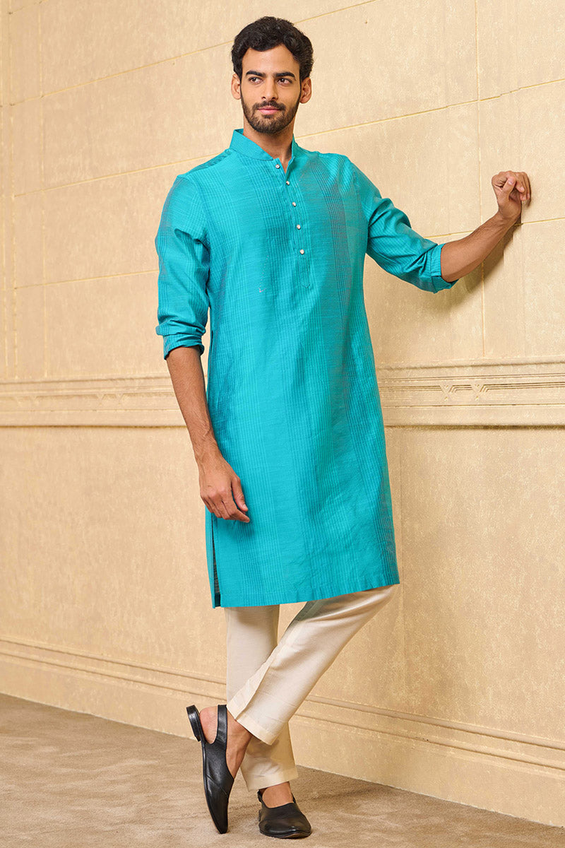 Aqua Zero Point Kurta Set With Top Stitch Detailing