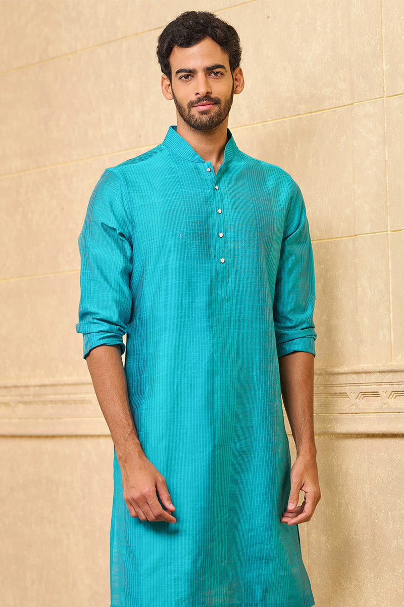 Aqua Zero Point Kurta Set With Top Stitch Detailing