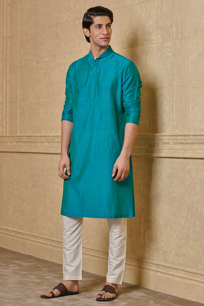 Aqua Zero Point Kurta Set With Top Stitch Detailing