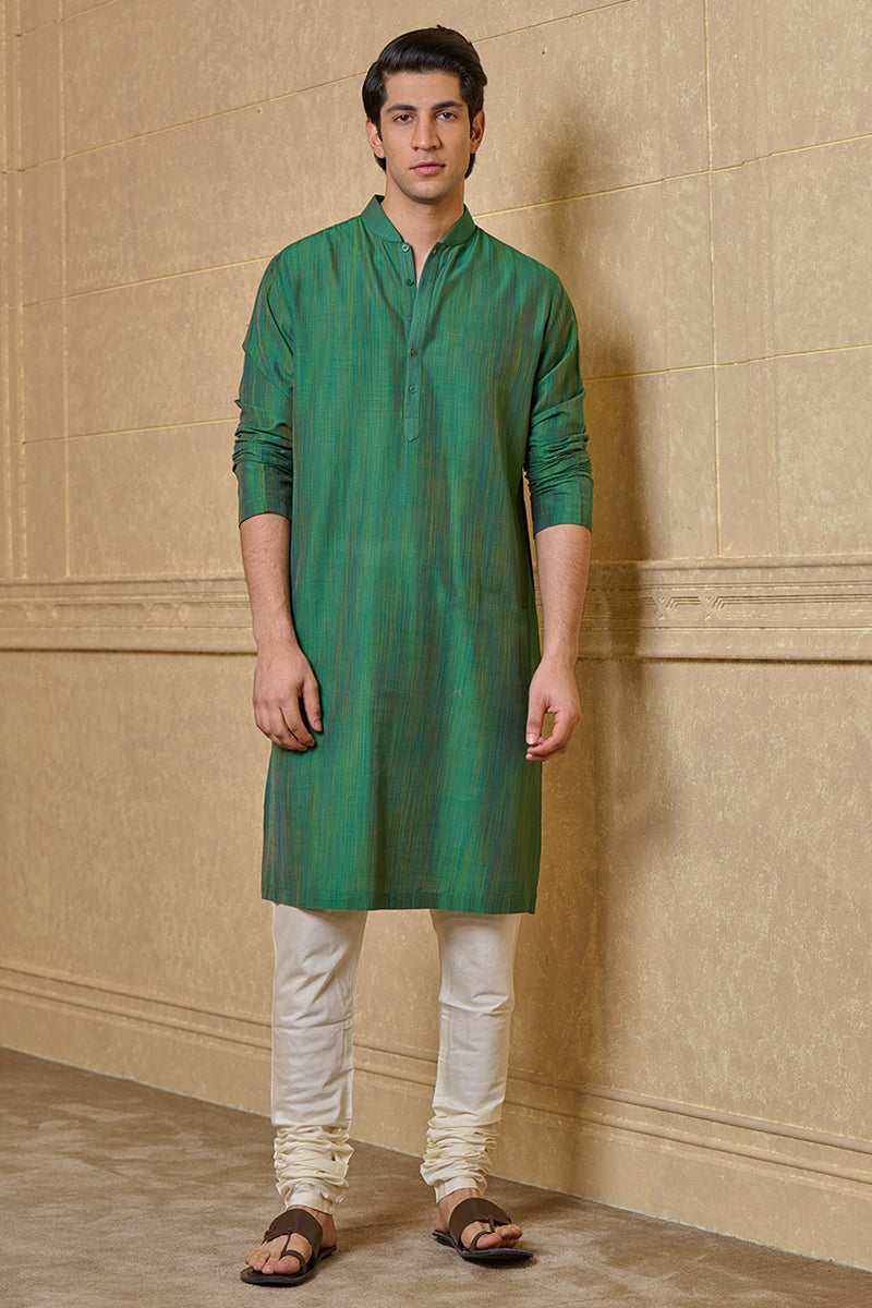 Green Zero Point Kurta Set With Top Stitch Detailing