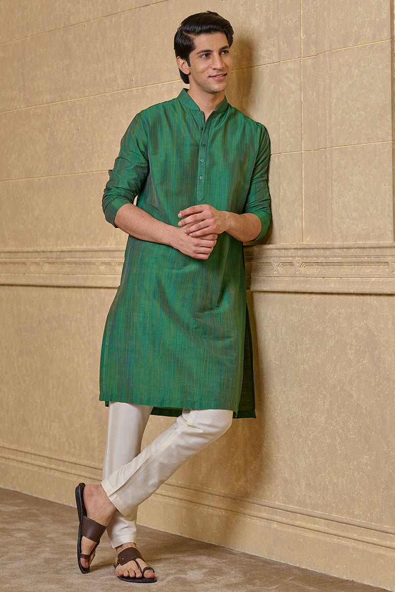 Green Zero Point Kurta Set With Top Stitch Detailing