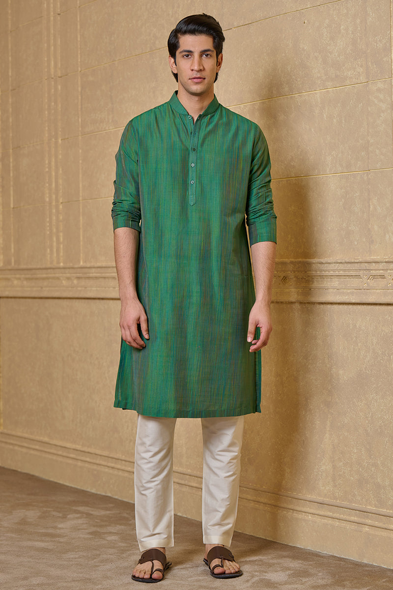 Green Zero Point Kurta Set With Top Stitch Detailing