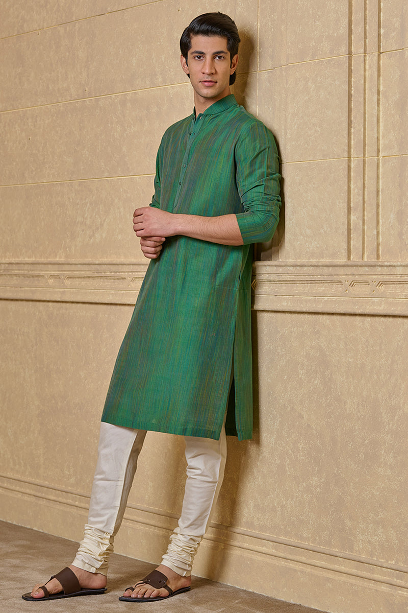 Green Zero Point Kurta Set With Top Stitch Detailing