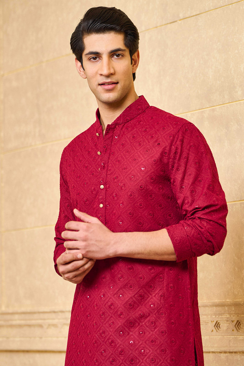 Maroon Schiffli Kurta Set