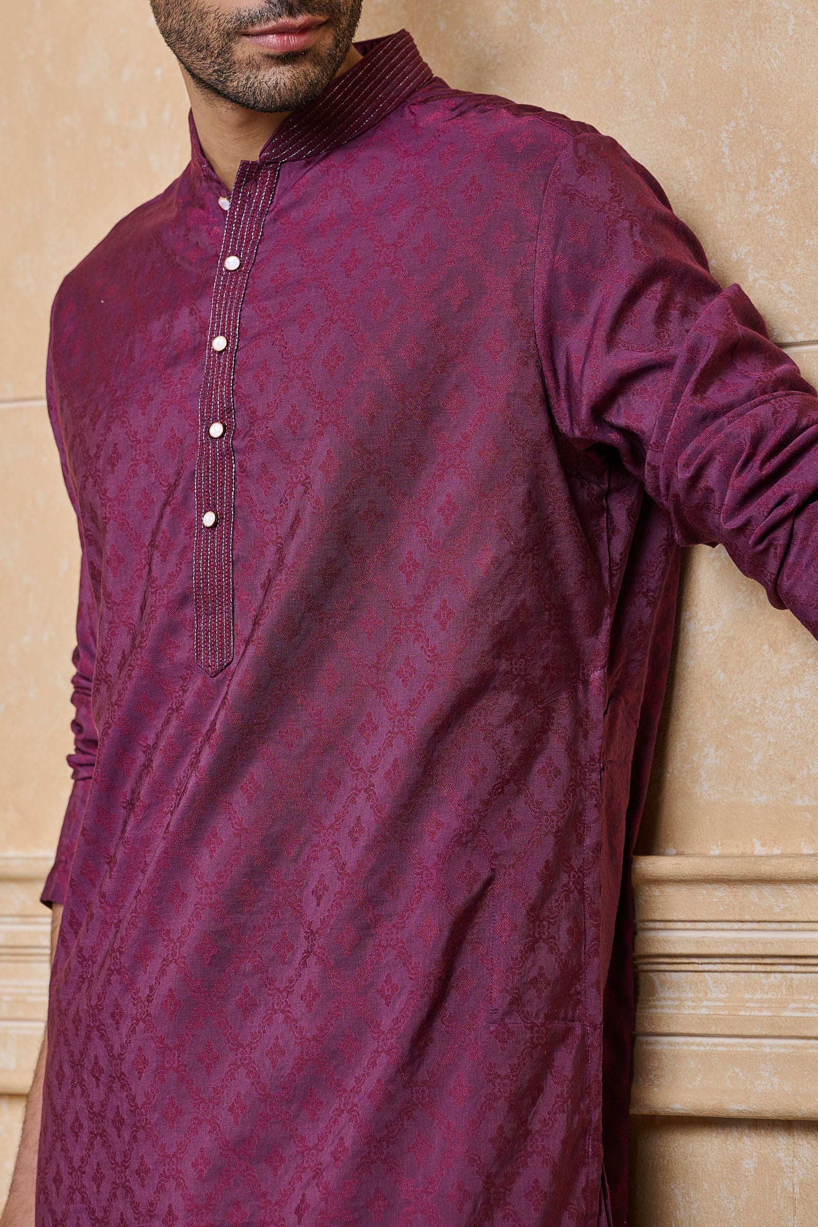 Purple Jacquard Kurta Set With Collar Highlight