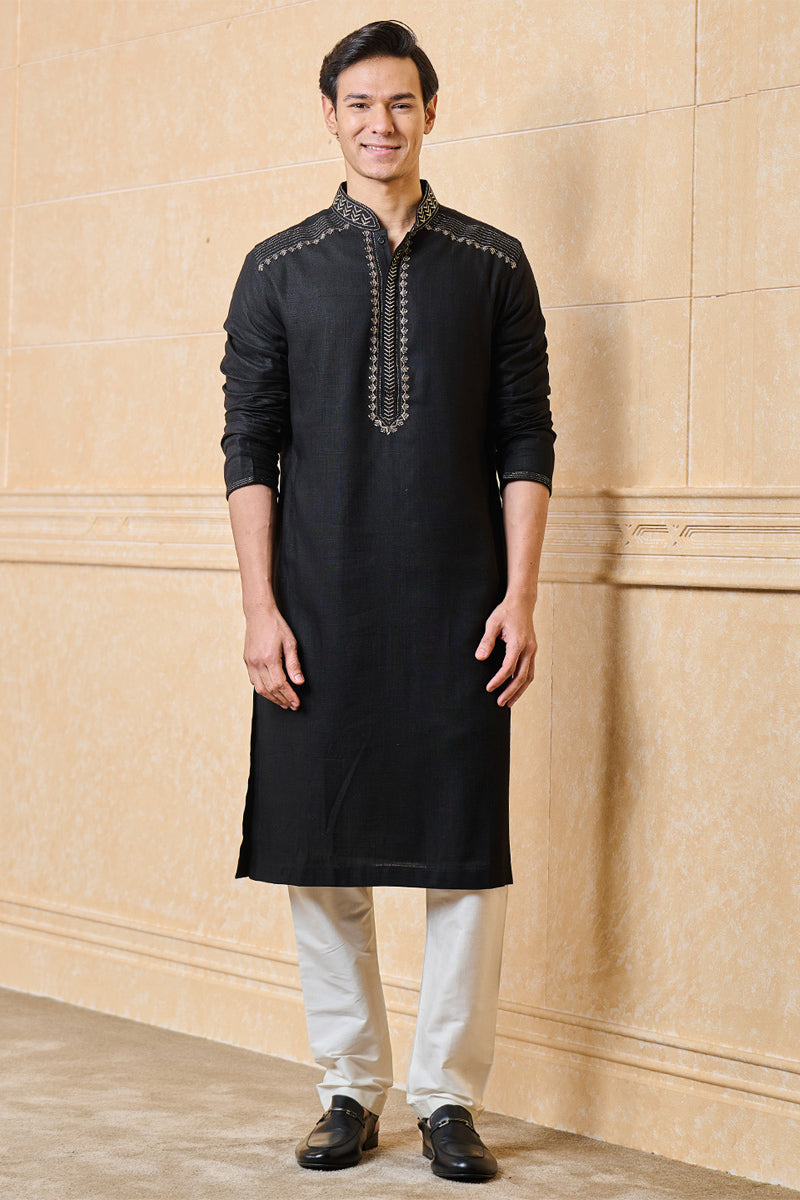 Black Linen Kurta Set With Embroidery Details