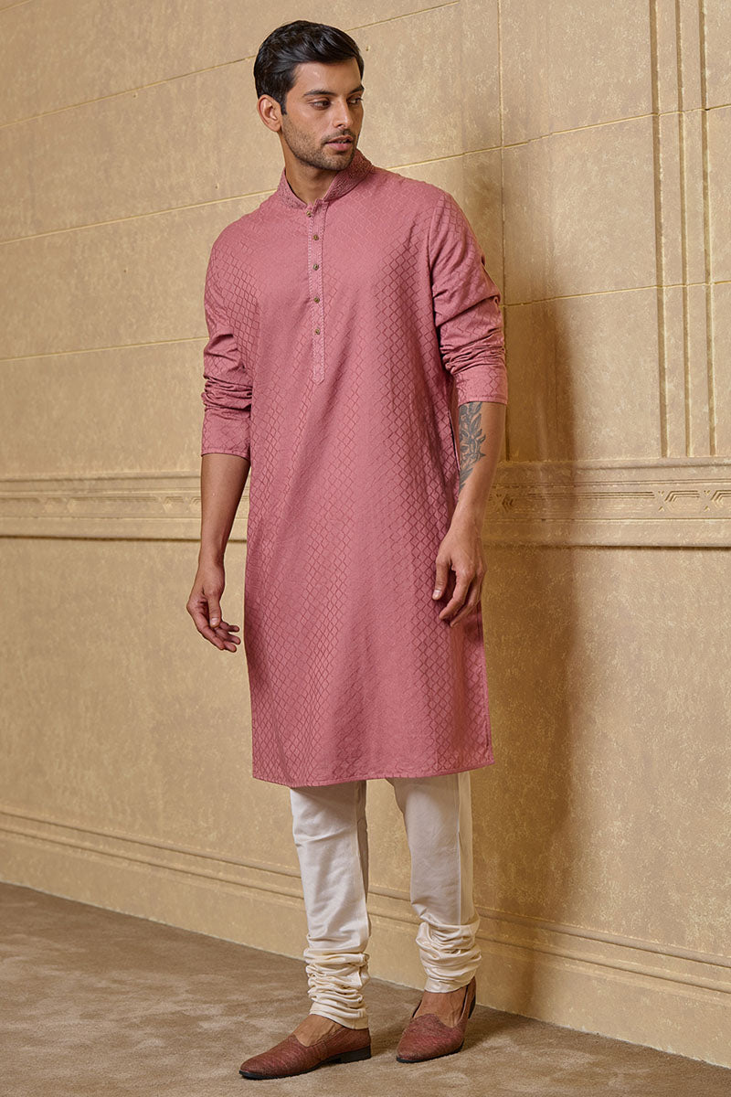 Pink Jacquard Kurta Set With Embroidered Collar