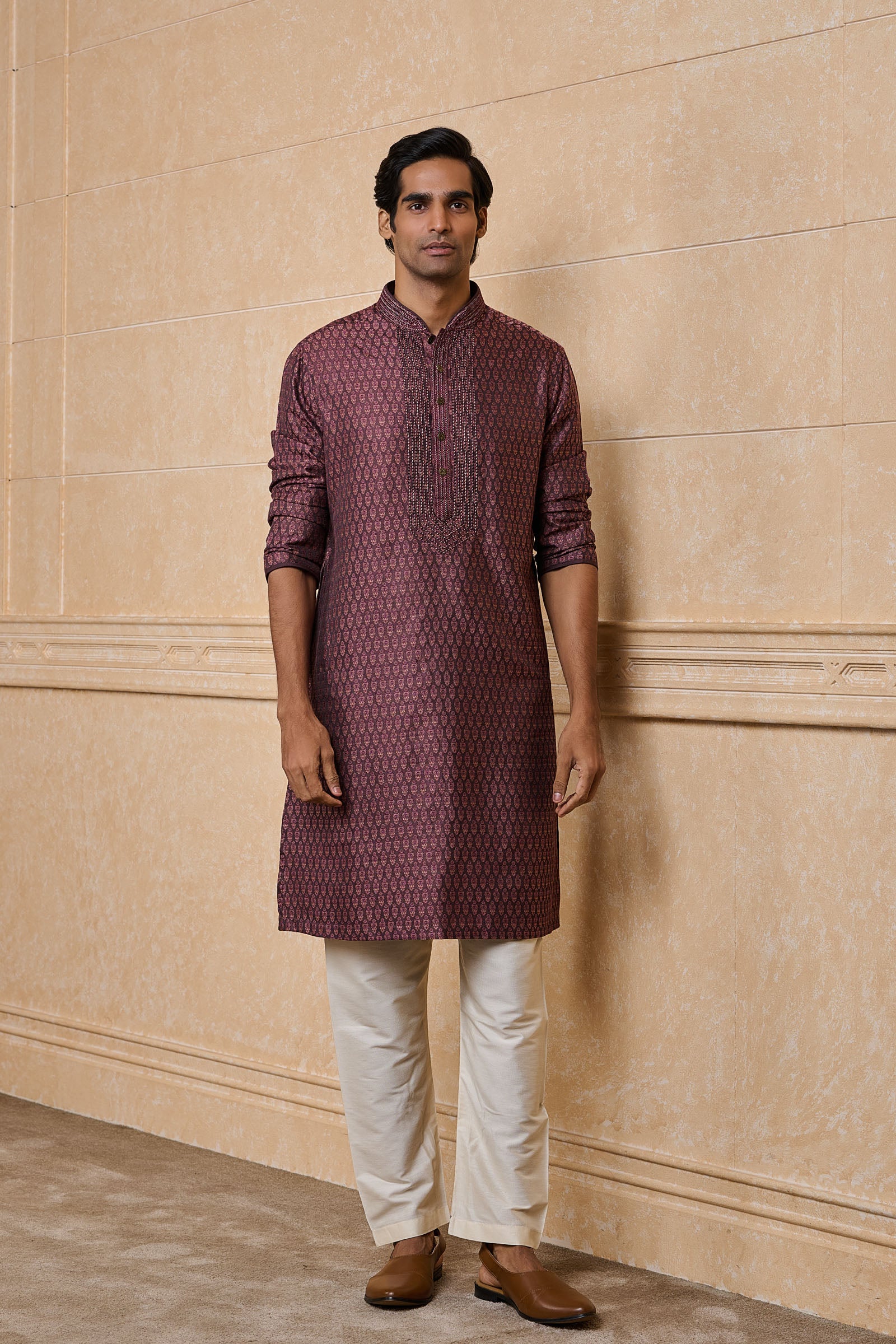 Wine Jacquard Embroidered Kurta Set