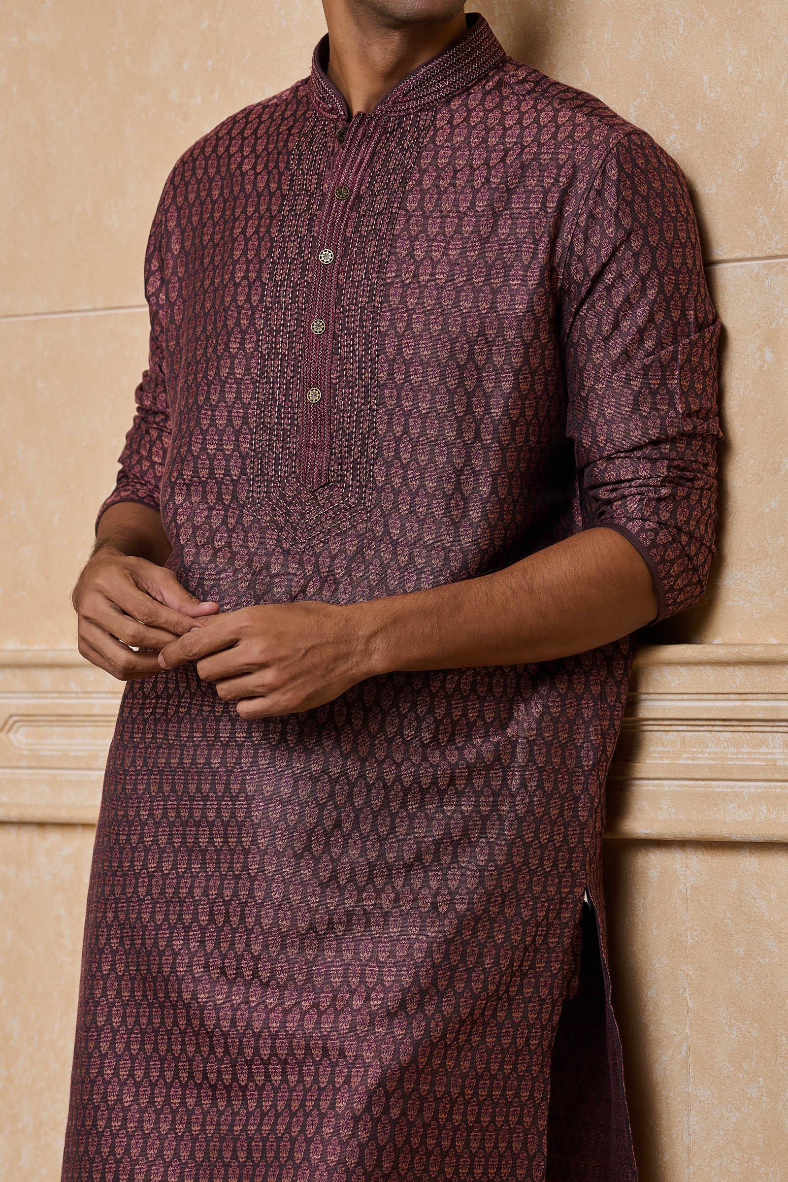 Wine Jacquard Embroidered Kurta Set