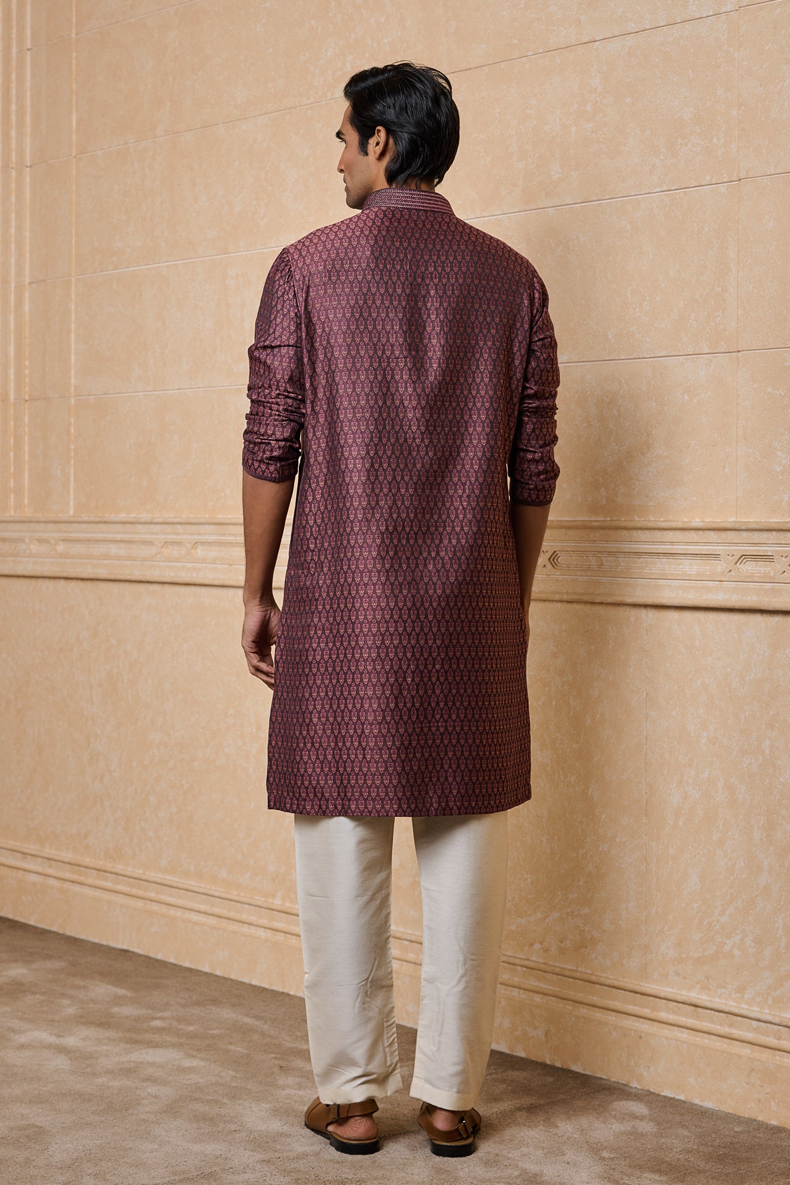 Wine Jacquard Embroidered Kurta Set