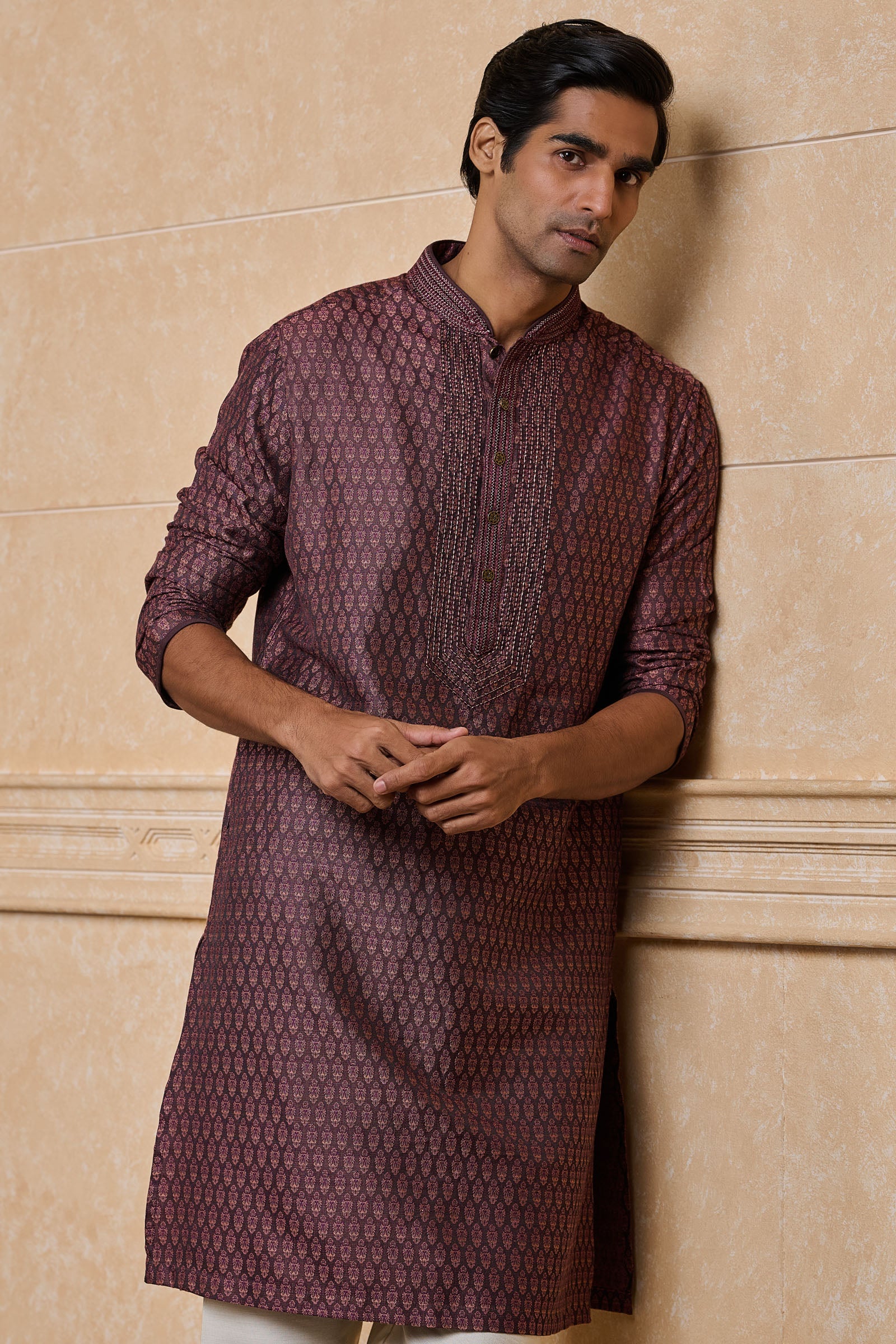 Wine Jacquard Embroidered Kurta Set