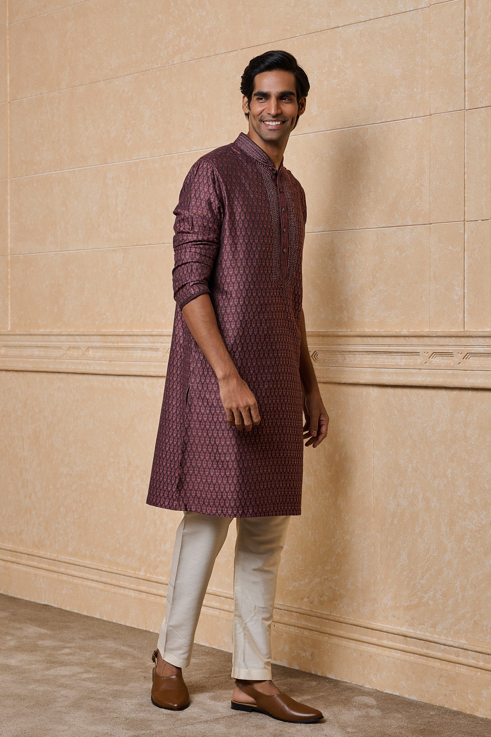 Wine Jacquard Embroidered Kurta Set