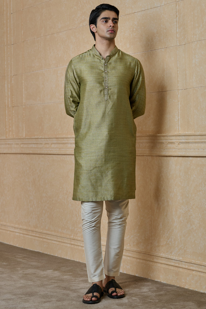 Dark Khaki Jacquard Kurta Set With Zari Texturing