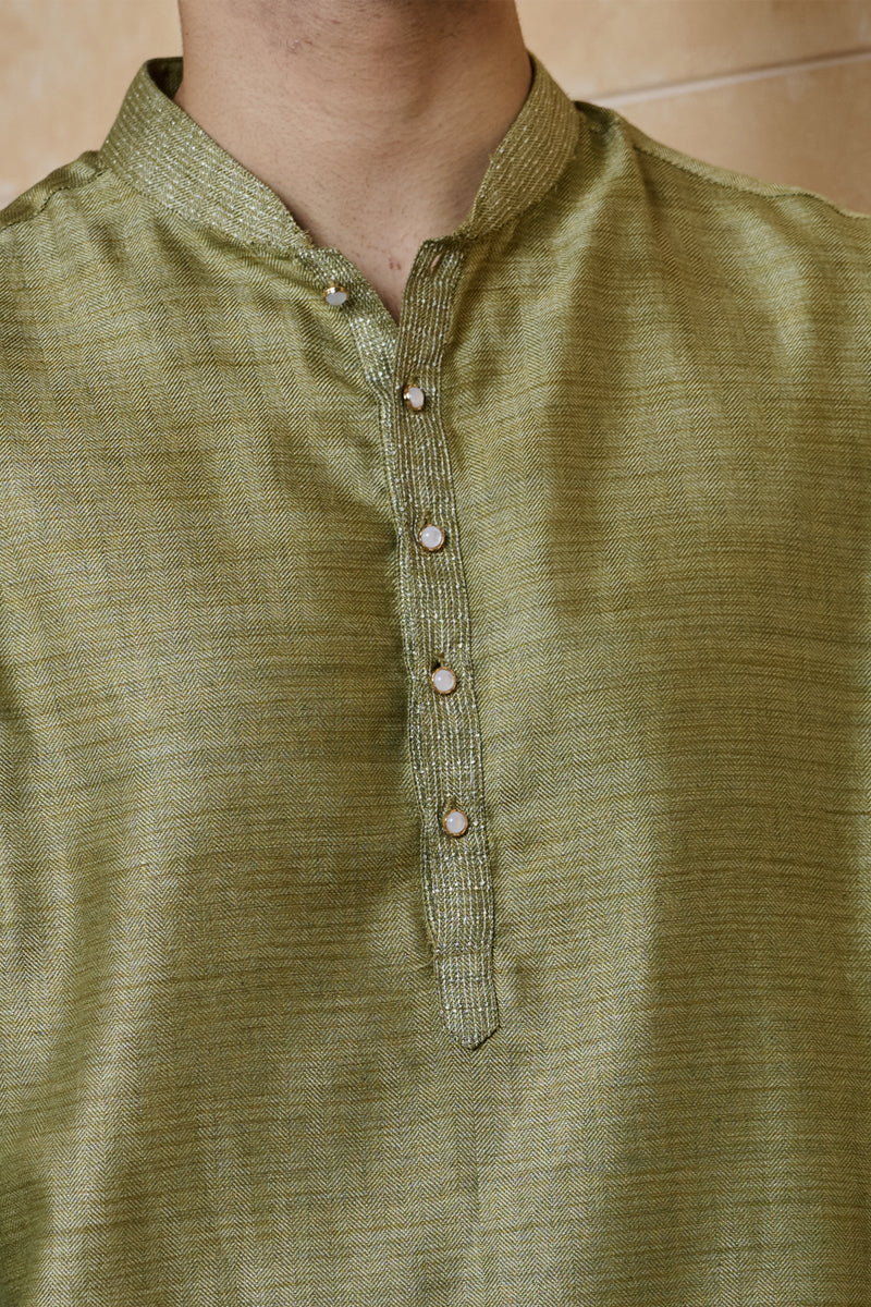 Dark Khaki Jacquard Kurta Set With Zari Texturing