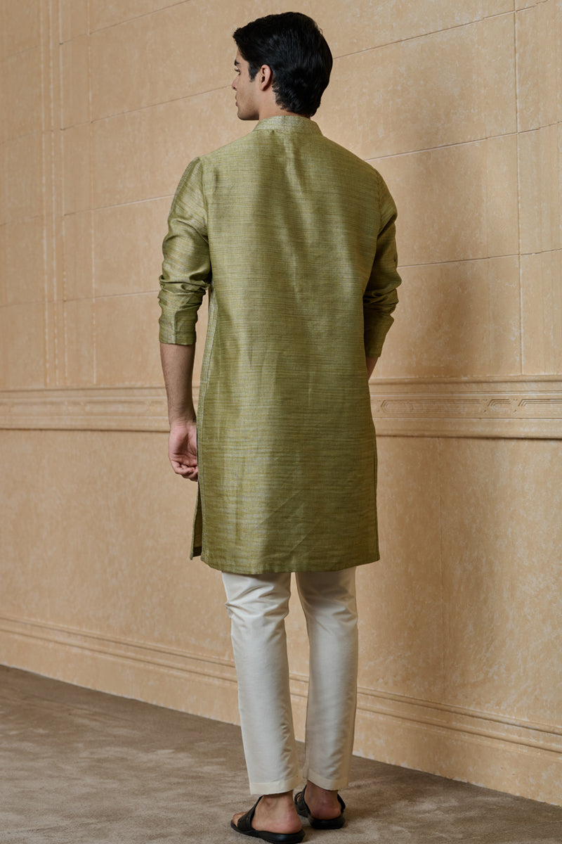 Dark Khaki Jacquard Kurta Set With Zari Texturing