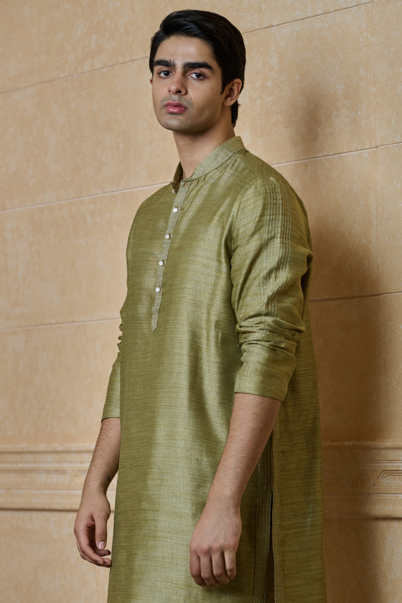 Dark Khaki Jacquard Kurta Set With Zari Texturing