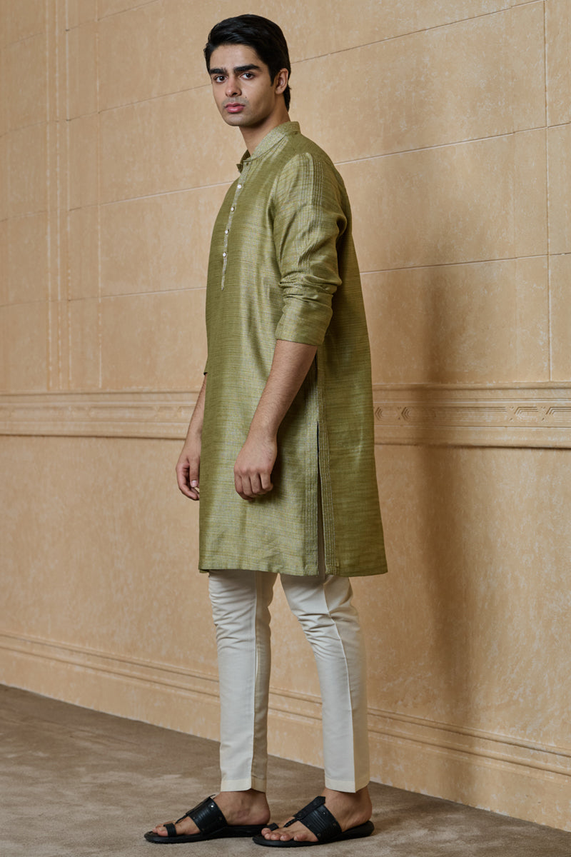 Dark Khaki Jacquard Kurta Set With Zari Texturing