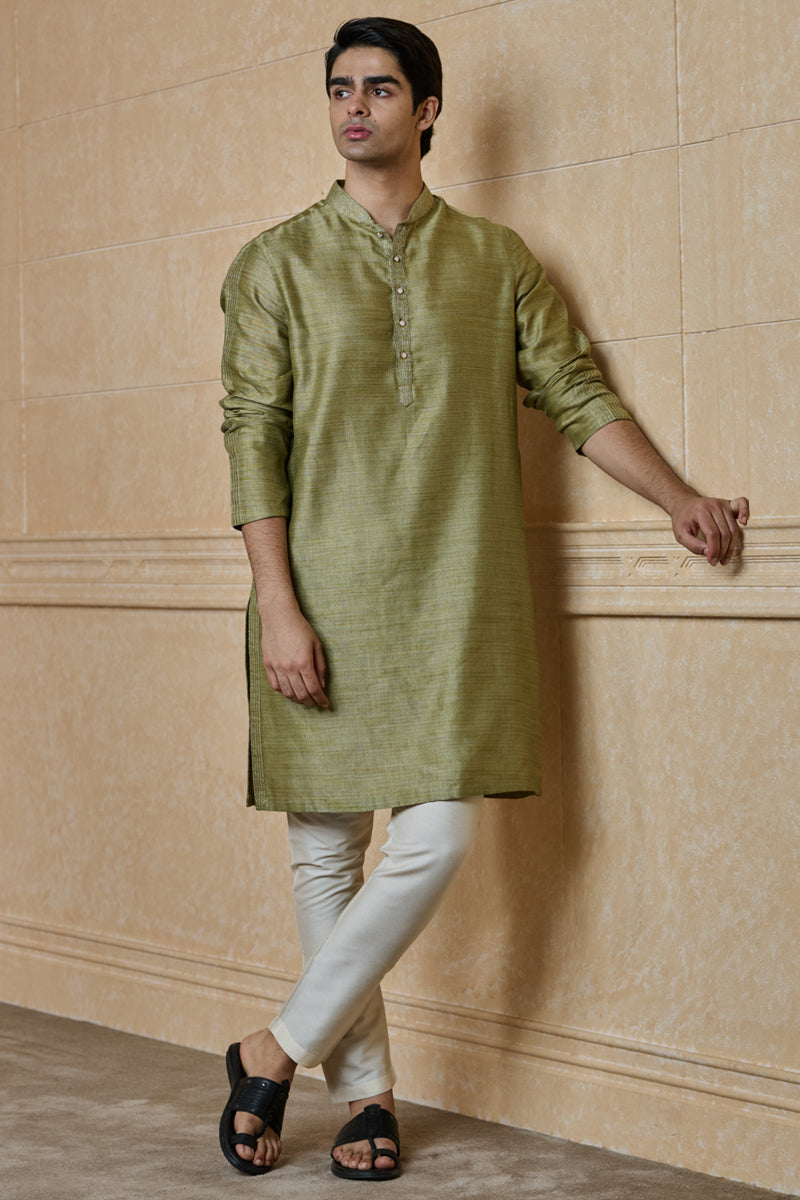 Dark Khaki Jacquard Kurta Set With Zari Texturing