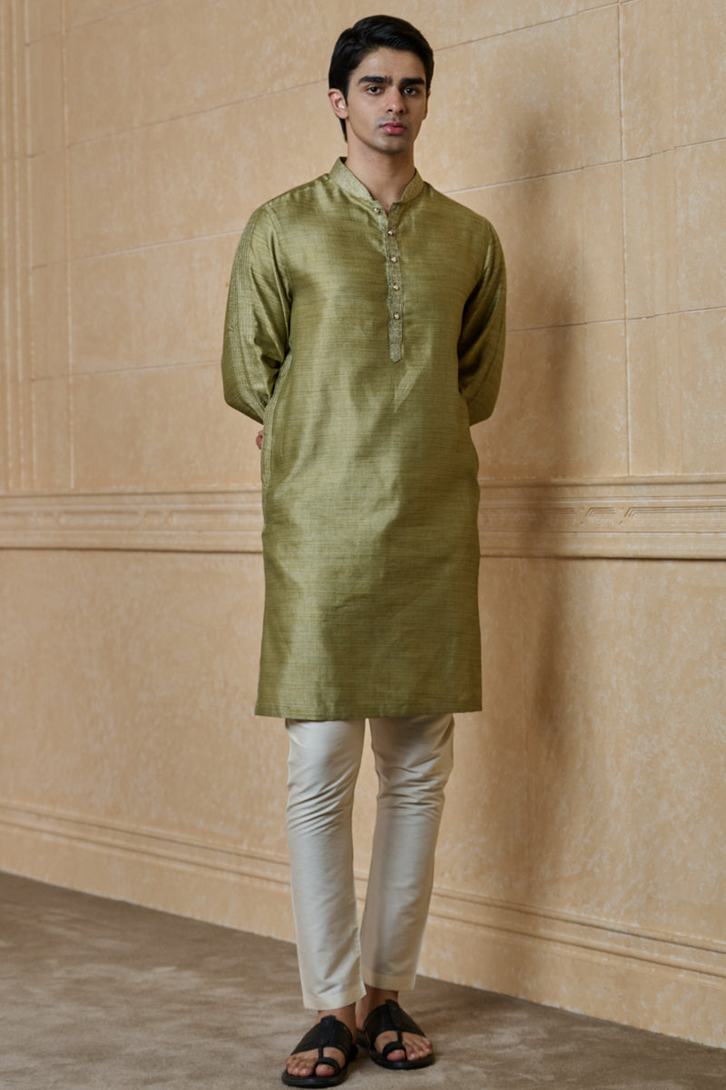 Dark Khaki Jacquard Kurta Set With Zari Texturing