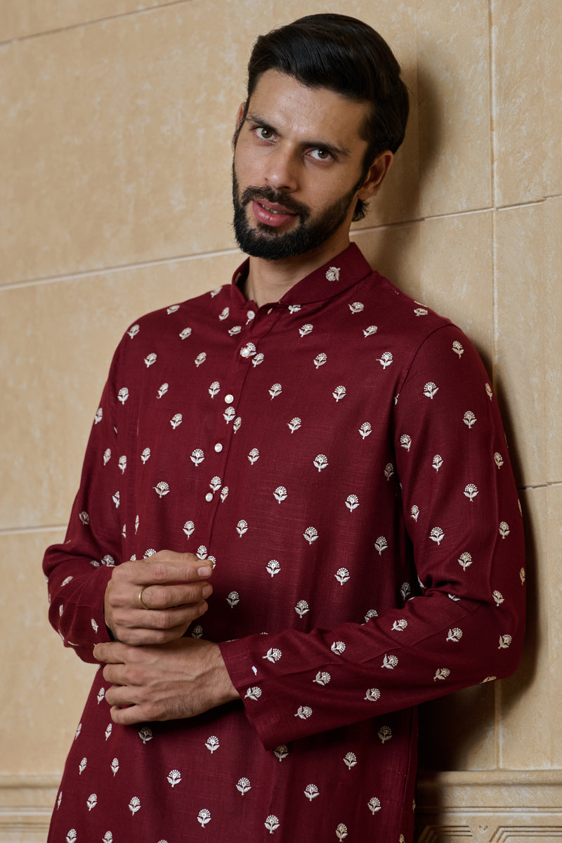 Maroon Butti Embroidered Kurta Set