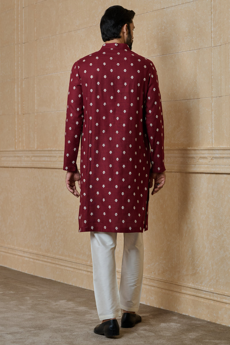 Maroon Butti Embroidered Kurta Set